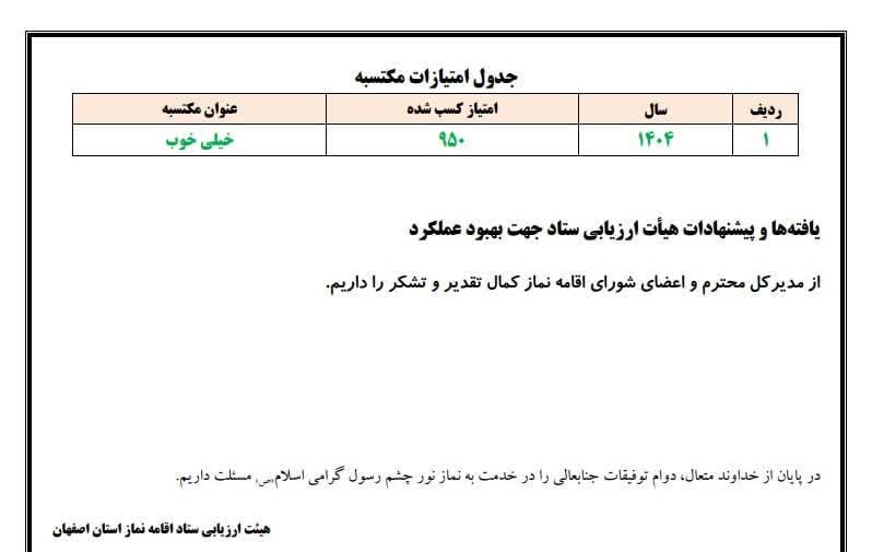 رتبه برتر در بین دستگاههای اجرائی استان در ارزیابی عملکرد ستاد اقامه نماز استان
